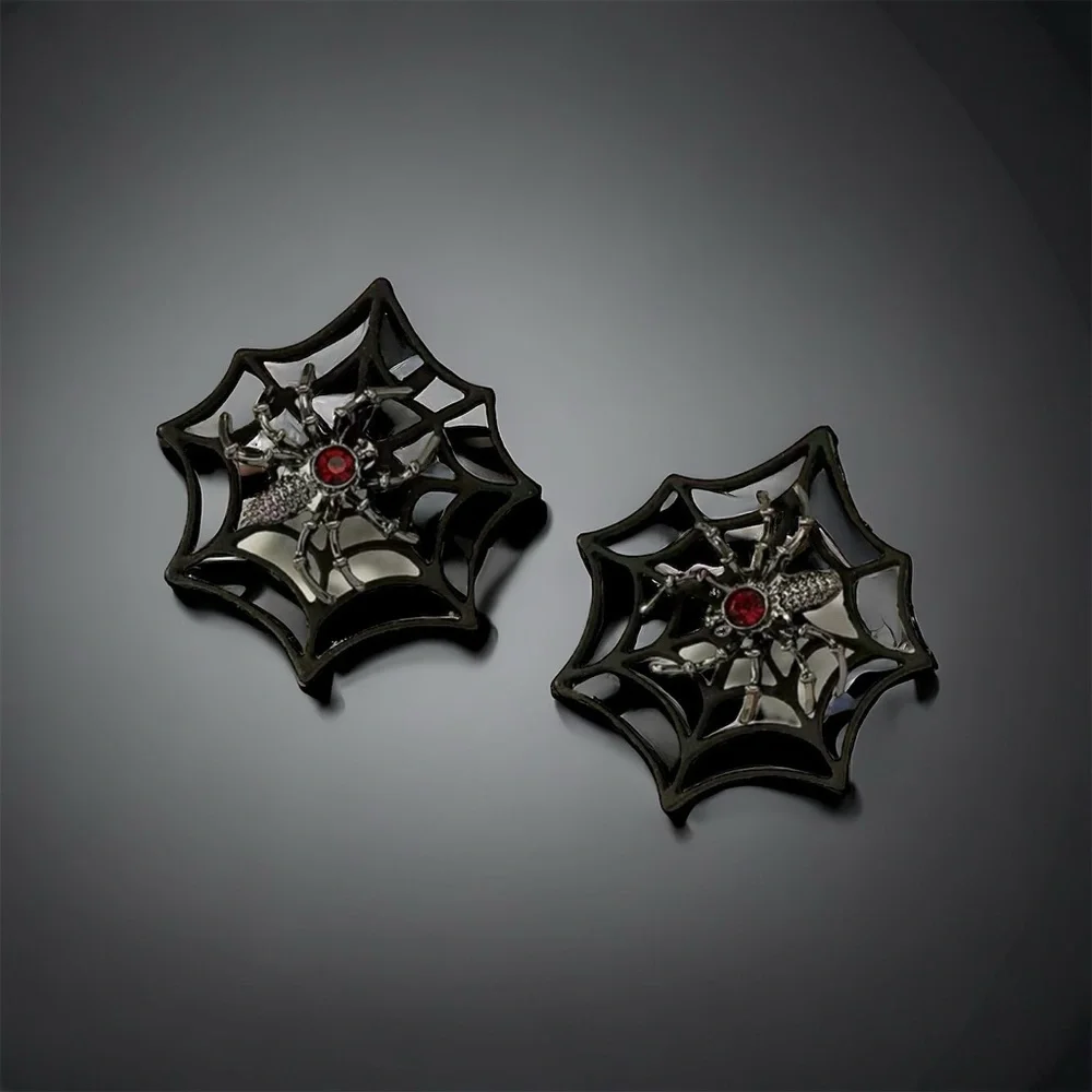 Gorgeous Retro Gothic Spider Web Stud Earrings with Ruby Color Decor Faux Fashio